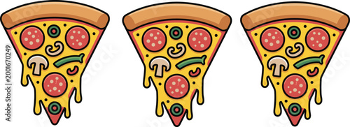 Three slices of pepperoni pizza with mushrooms and olives