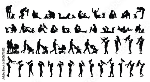 Parents walking and playing with baby toddler in different poses outdoors black silhouette set collection vector illustration. Parents enjoying spending time with children silhouettes set flat graphic