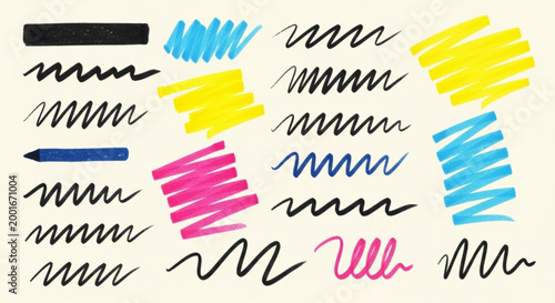 A colorful vector graphic illustration of various scribble lines and strokes in black, blue, yellow, and pink on a beige background