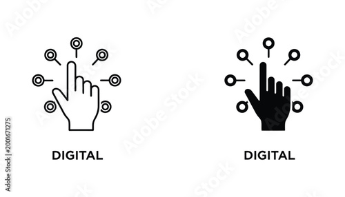 Digital finger touch interactive icon with circles in outline and solid black for technology UI
