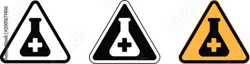 Chemical hazard warning icon set, minimalist vector illustration of triangular signs with beaker symbols and crosses for lab safety danger alerts and warning graphics.