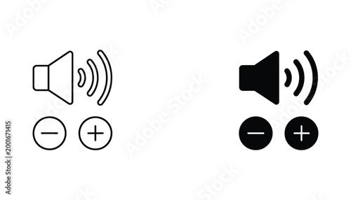Sound volume control icon set with speaker and plus minus buttons for audio settings in digital interfaces featuring clear UI elements in outline and solid black vector styles for web applications