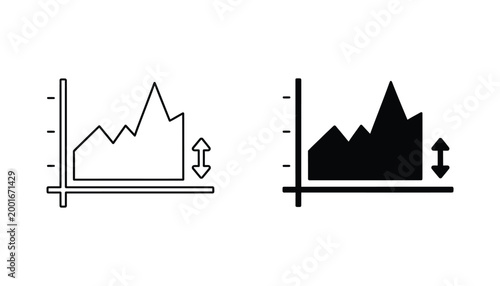 Financial market growth chart icon with upward trend and adjustable scale indicators in outline and solid black vector styles for business analytics and data visualization reports and presentations