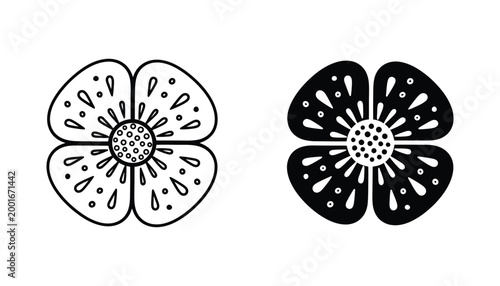 Floral poppy flower icon with detailed petals and seeds for nature and botanical design projects featuring a stylized blossom in outline and solid black vector illustration format for print media