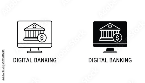 Digital banking icon set showing computer monitor with bank building and dollar sign symbol for financial technology and online money management concepts in outline and solid black vector styles