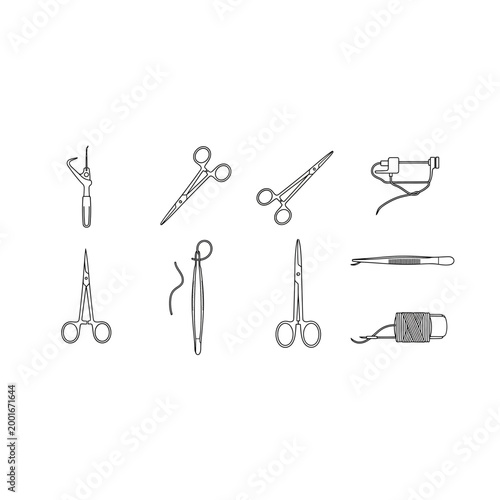 Collection of medical forceps and small surgical instruments line art