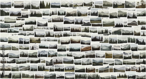 Vintage landscape photo collage, retro mountain and forest polaroid snapshots, nostalgic nature photography collection, sepia wilderness travel memories