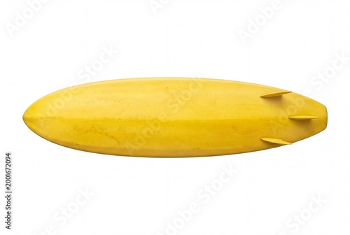 Minimal top view of a yellow surfboard isolated on a white background. Clean summer sports concept with copy space, ideal for travel, ocean, beach, and surfing themed designs.