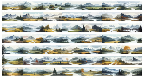 Watercolor mountain landscape banners, set of 49 panoramic nature scenes, artistic wilderness valley illustrations, soft painted mountain range headers