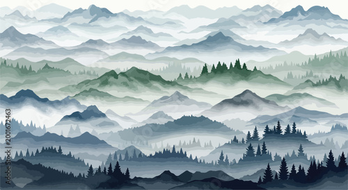 Traditional ink wash mountain landscape vector, misty forest hills in oriental brush style, serene blue and green watercolor nature background