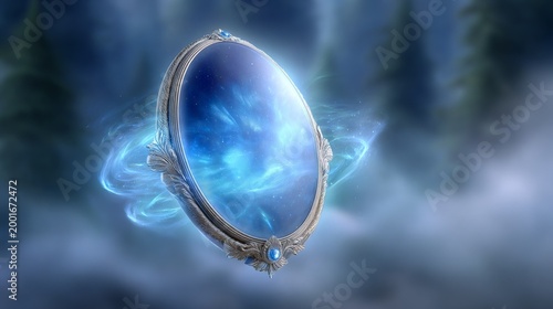 A mystical mirror reflecting a starry sky, surrounded by swirling magical energy.