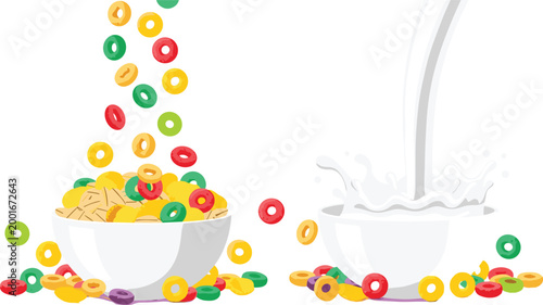 Colorful Cereal Bowl with Milk and Falling Cereal Rings for Breakfast Food Designs