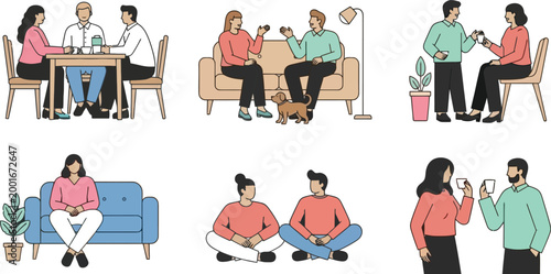 Couples and Friends Enjoying Coffee and Conversations in Different Home Settings, Cozy Coffee Moments, Relationship Interaction, and Domestic Life Vector Illustration