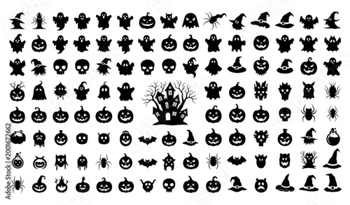 Halloween doodle silhouette sticker set spooky witch ghost pumpkin skull vector clipart