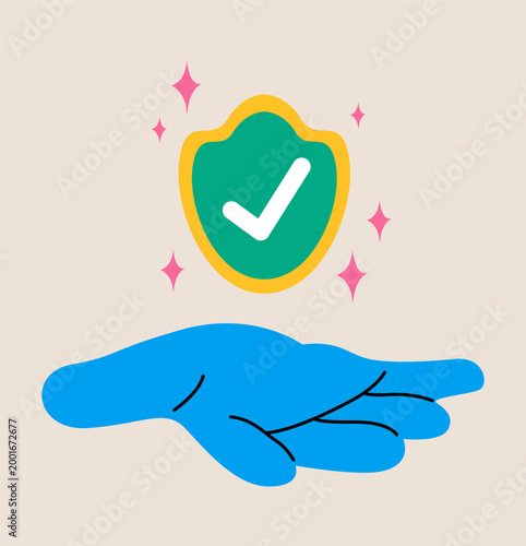 Shield with checkmark in hand. Security assurance concept. Colorful vector illustration