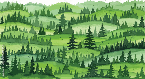 Watercolor green forest landscape vector, rolling hills with pine trees background, hand painted woodland scenery for nature branding