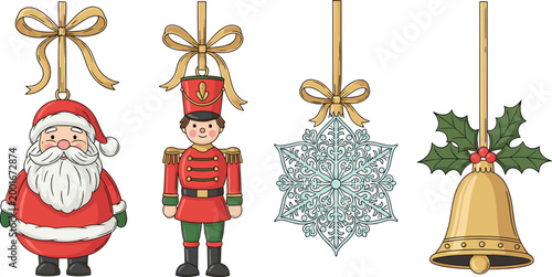 Christmas Ornament Set Featuring Santa Claus, Nutcracker, Snowflake, Bell, and Holly Decorations for Holiday Celebrations