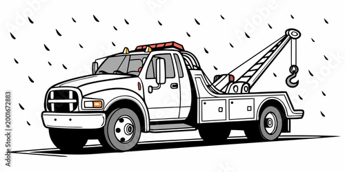Heavy-duty wrecker tow truck illustration in the rain with recovery illustration automotive transport emergency breakdown roadside assistance monochrome commercial industry transportation