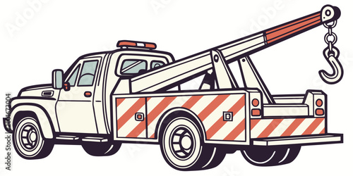 Illustration of a white flatbed tow truck with hazard stripes transport assistance emergency breakdown recovery industrial automotive illustration commercial roadside transportation