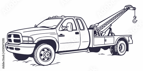 Line art sketch of a tow truck wrecker side view with heavy duty illustration recovery transport emergency breakdown automotive roadside assistance transportation industrial commercial