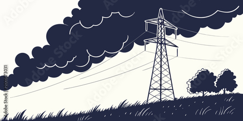 Illustration of a high voltage electricity pylon in a rural field under a stormy dark sky with electricity transmission infrastructure illustration landscape environment industrial electric