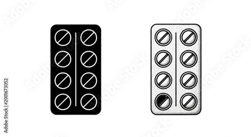 Minimal black silhouette icon, simple flat vector, bold black shape, no, no shading two styles of pill blister pack icons on a, flat icon style