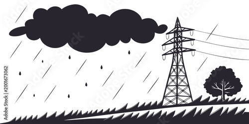 High voltage electricity tower in rainy weather landscape illustration with electricity transmission infrastructure landscape electric environment industry electrical technical minimalist