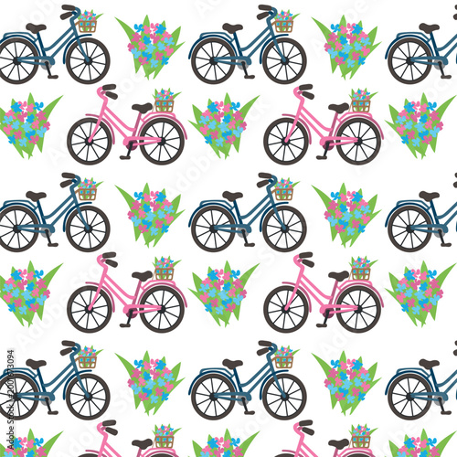 Seamless pattern with bicycles. Vector drawing with multicolored bicycles and bouquets of wildflowers. Transport for sports and recreation.