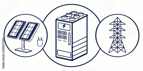 Sustainable energy icons illustrating solar power generation and electrical grid distribution with electricity sustainable renewable technology distribution electric transmission infrastructure