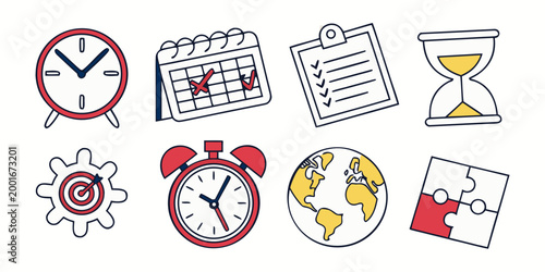 Business productivity and time management icon set with clock calendar checklist and puzzle management productivity calendar checklist planning hourglass business schedule deadline strategy