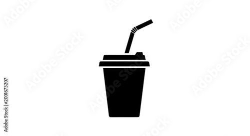 Minimal black silhouette icon, simple flat vector, bold black shape, no, no shading black silhouette of a disposable coffee cup with a straw on a, flat icon style