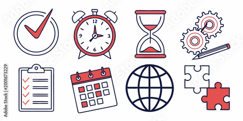 Collection of business and project management outline icons with business management hourglass checklist calendar productivity strategy planning development efficiency deadlines solutions