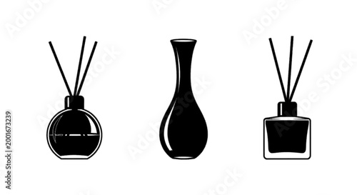 Minimal black silhouette icon, simple flat vector, bold black shape, no, no shading reed diffuser bottles and vase silhouettes on a, flat icon style