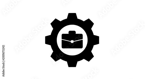 Minimal black silhouette icon, simple flat vector, bold black shape, no, no shading business management icon featuring a briefcase inside a gear on a, flat icon style