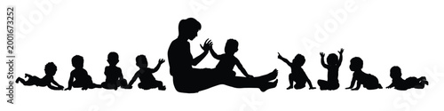 Woman enjoying playing with group of cute babies and toddlers while sitting on the floor black silhouettes on white background.