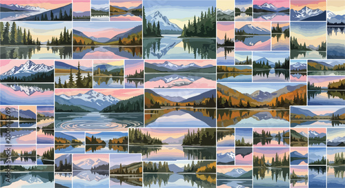 Mountain landscape vector illustration set, scenic lake reflection posters, panoramic wilderness nature backgrounds with pine trees and peaks