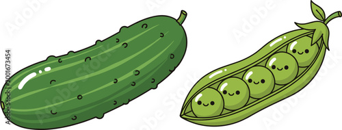 Cucumber and Pea Pod Vector Illustration Set Featuring Fresh Green Vegetables with Cute Cartoon Peas in Pod Isolated on White Background