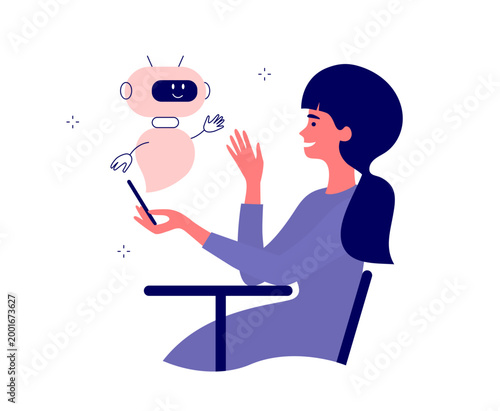 Woman talking with cute android robot by smartphone. Person sitting at table making video call or voice message to virtual assistant. Ai technology, smart support service, call centre. Vector illustra