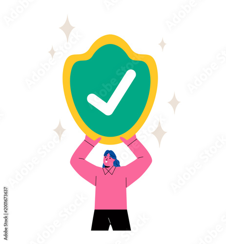 Business woman holding shield with checkmark in hands. Security assurance concept. Flat vector illustration isolated on white background