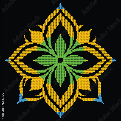 Abstract gold and green flower mandala with leaf style halftone dot texture, symmetrical ornamental design isolated on black background.