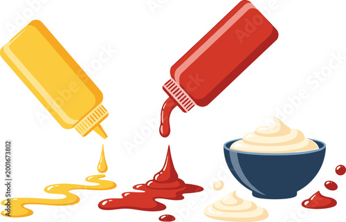 Condiment Bottles with Mustard, Ketchup, and Mayonnaise in a Bowl for Food and Culinary Designs