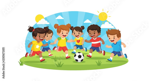 A cheerful cartoon illustration features diverse children playing soccer on a sunny green field with a bright blue sky and fluffy white clouds, conveying a playful and energetic mood