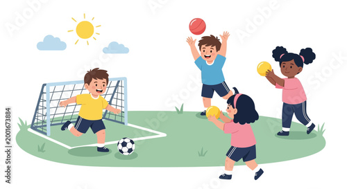 Illustrated scene of four happy children playing with soccer balls and other balls on a sunny day in a green field with a goal post, conveying a joyful and energetic mood in a bright, flat