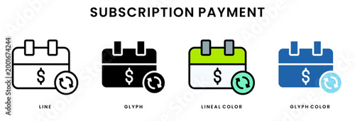 Set of 4 subscription payment icons line, glyph, lineal color, blue glyph editable including calendar, dollar symbol, recurring payment arrows
