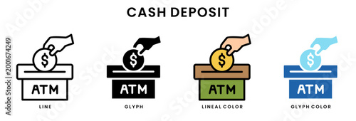 Set of 4 cash deposit icons line, glyph, lineal color, blue glyph editable including ATM machine, hand inserting coin, dollar symbol, deposit transaction