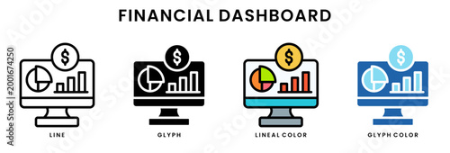 Set of 4 financial dashboard icons line, glyph, lineal color, blue glyph editable including monitor, pie chart, bar chart, dollar symbol analytics