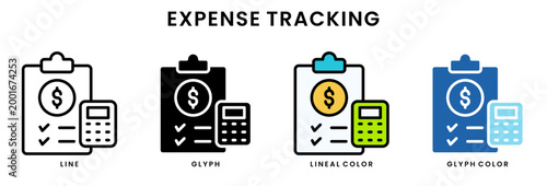 Set of 4 expense tracking icons line, glyph, lineal color, blue glyph editable including clipboard, checklist, dollar symbol, calculator finance
