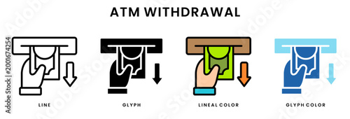 Set of 4 ATM withdrawal icons line, glyph, lineal color, blue glyph editable including ATM machine, hand taking cash, arrow down, cash withdrawal transaction