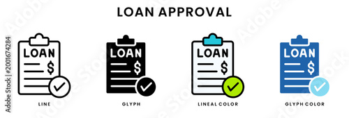 Set of 4 loan approval icons line, glyph, lineal color, blue glyph editable including loan document, check mark, approval badge, financial approval