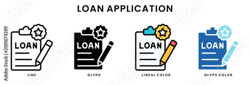Set of 4 loan application icons line, glyph, lineal color, blue glyph editable including loan document, pencil, approval badge, financial application form